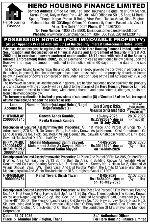 Possession Notice for Immovable Properties by Hero Housing Finance