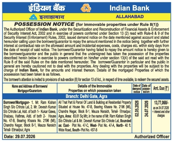 Possession Notice for Immovable Properties by Indian Bank