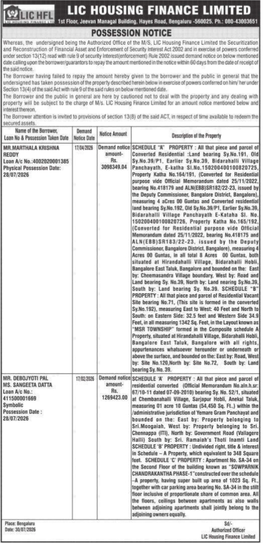 Possession Notice for Immovable Properties by LIC Housing Finance
