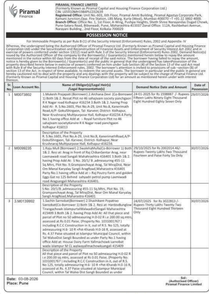 Possession Notice for Immovable Properties by Piramal Finance