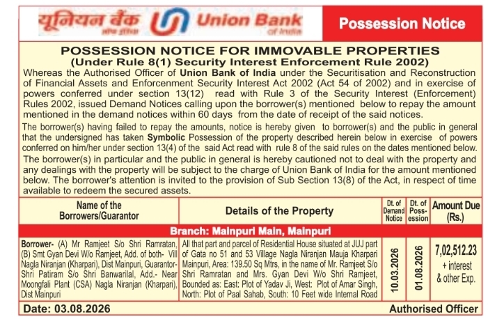 Possession Notice for Immovable Properties