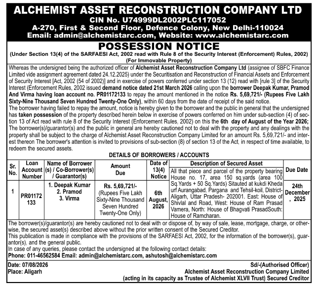 Possession Notice for Immovable Property Asset by Alchemist ARC
