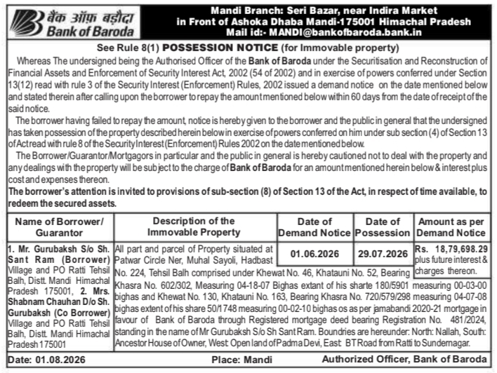 Possession Notice for Immovable Property (Bank of Baroda)