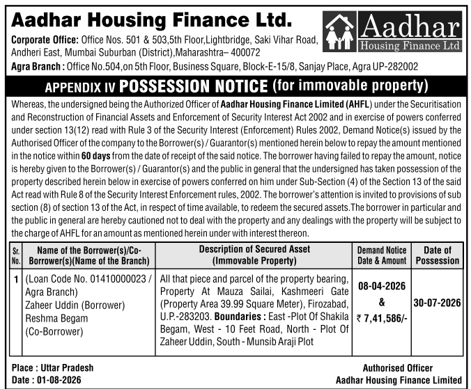 Possession Notice for Immovable Property by Aadhar Housing Finance Limited