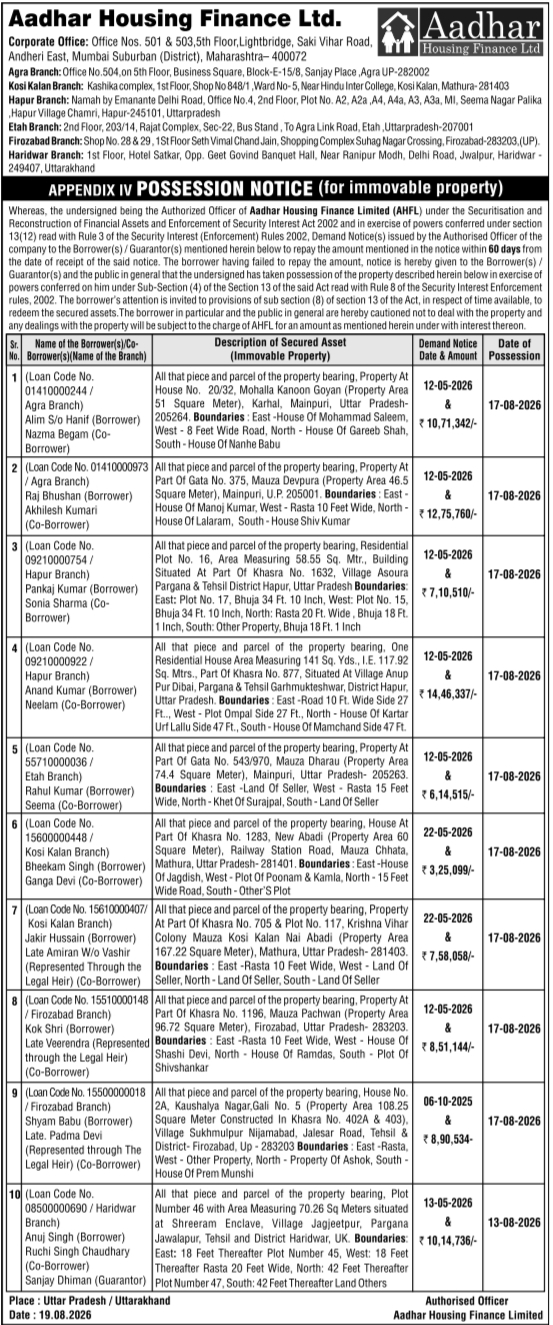 Possession Notice for Immovable Property by Aadhar Housing Finance Limited