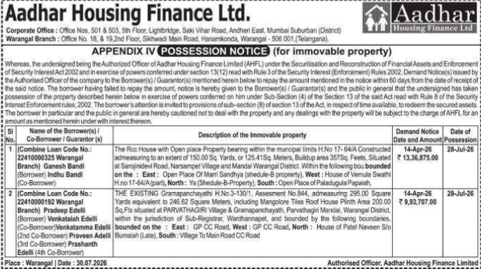Possession Notice for Immovable Property by Aadhar Housing Finance Ltd.
