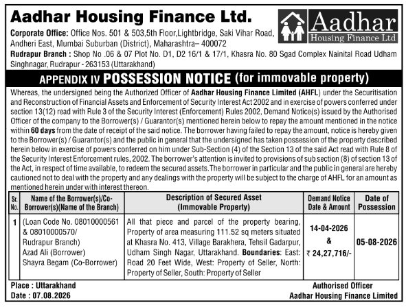 Possession Notice for Immovable Property by Aadhar Housing