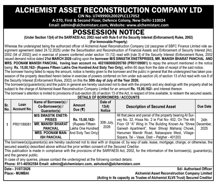 Possession Notice for Immovable Property by Alchemist ARC