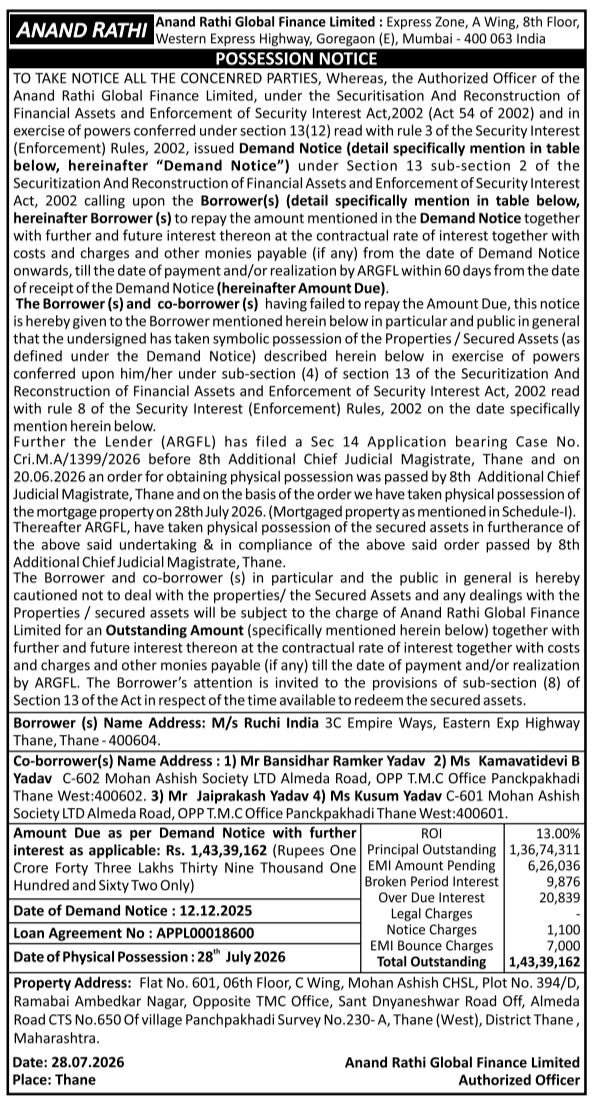 Possession Notice for Immovable Property by Anand Rathi