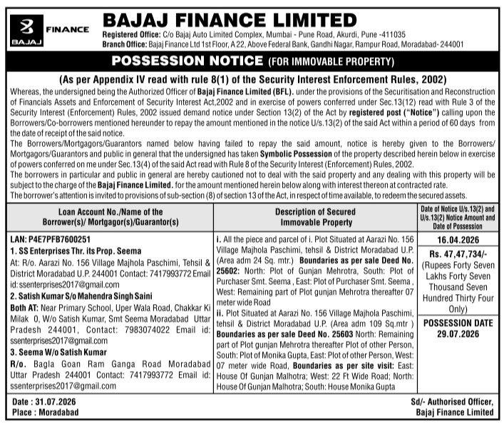 Possession Notice for Immovable Property by Bajaj Finance