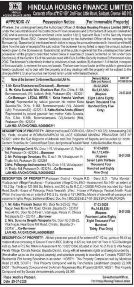 Possession Notice for Immovable Property by Hinduja Housing Finance Limited