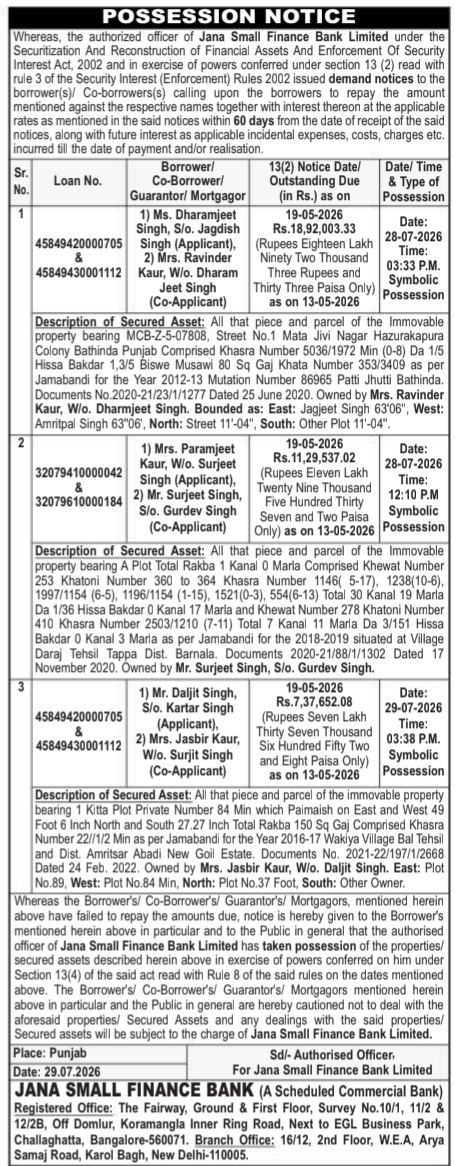 Possession Notice for Immovable Property by Jana Small Finance Bank
