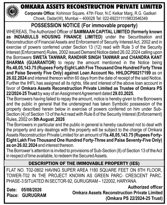 Possession Notice for Immovable Property by Omkara Assets