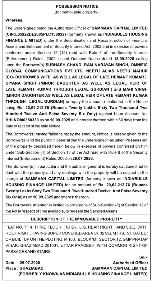 Possession Notice for Immovable Property by Sammaan Capital Limited