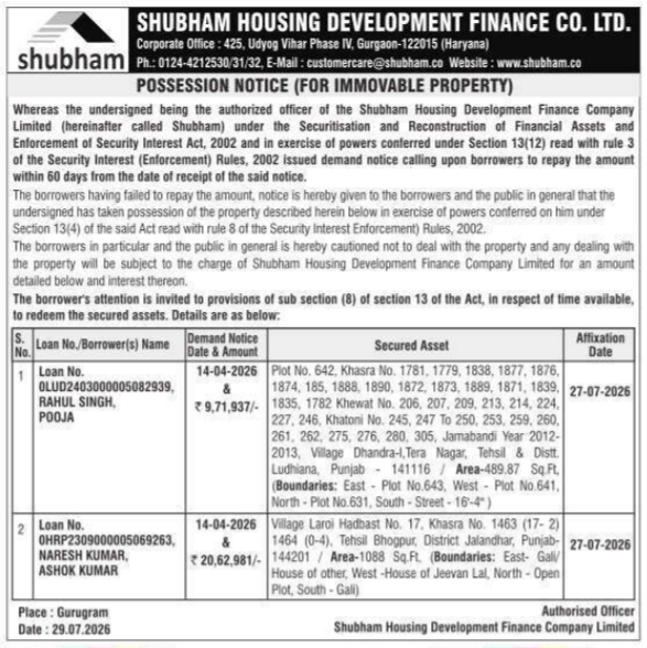 Possession Notice for Immovable Property by Shubham Housing Development Finance