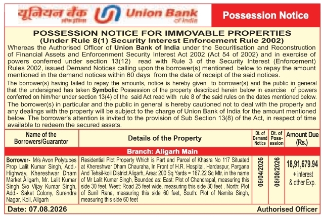 Possession Notice for Immovable Property by Union Bank Aligarh
