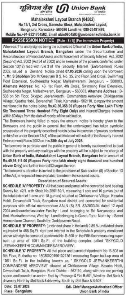 Possession Notice for Immovable Property by Union Bank of India
