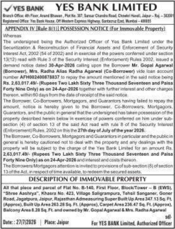 Possession Notice for Immovable Property by Yes Bank