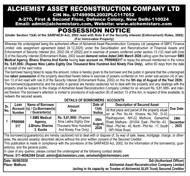 Possession Notice for Immovable Property in Mathura by Alchemist ARC