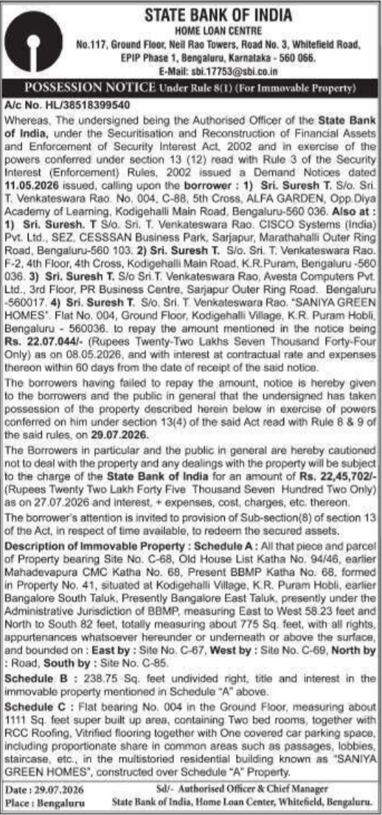 Possession Notice for Immovable Property (State Bank of India)