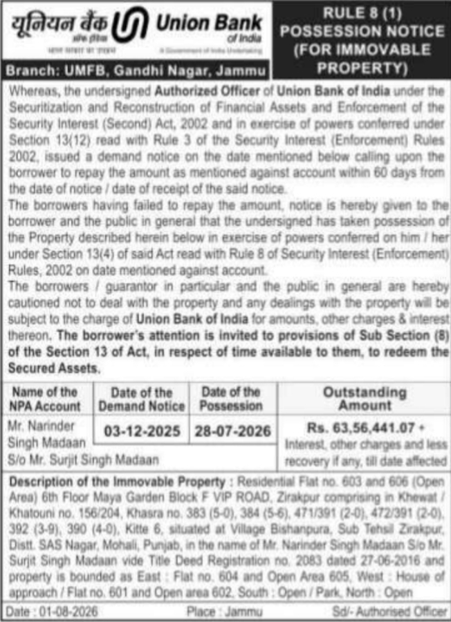 Possession Notice for Immovable Property (Union Bank of India)