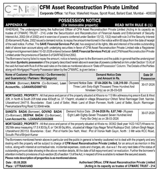 Possession Notice for Immovable Property