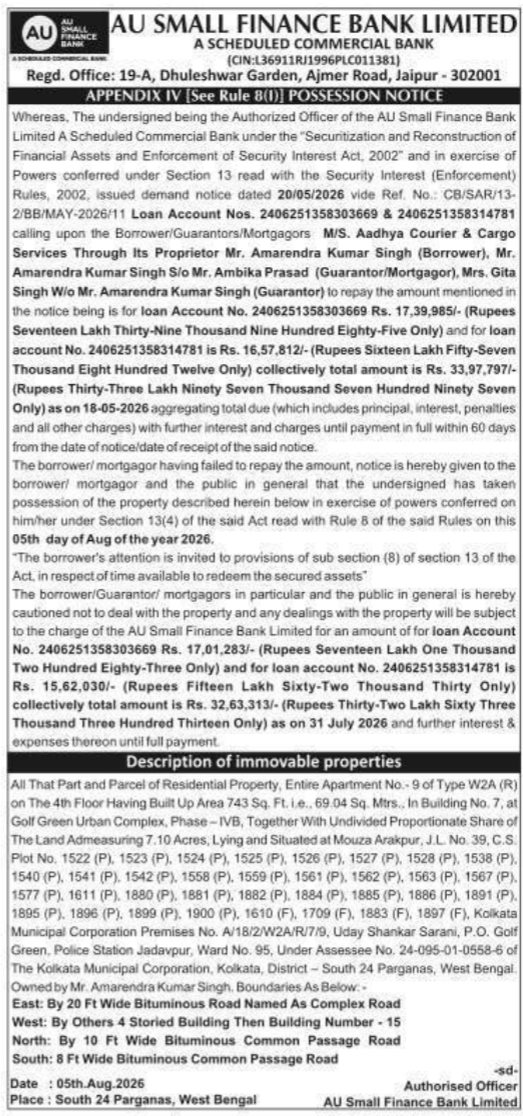 Possession Notice for Immovable Residential Property by AU Small Finance Bank Limited