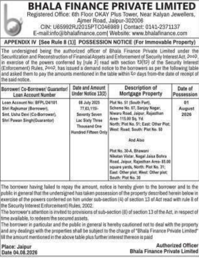 Possession Notice for Multiple Land Plots in Jaipur