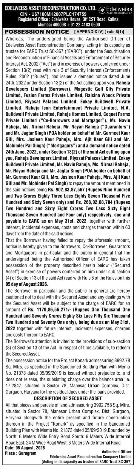 Possession Notice for Project Konark by Edelweiss Asset Reconstruction
