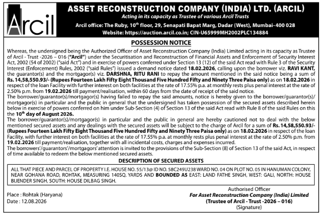 Possession Notice for Rohtak Property by ARCIL