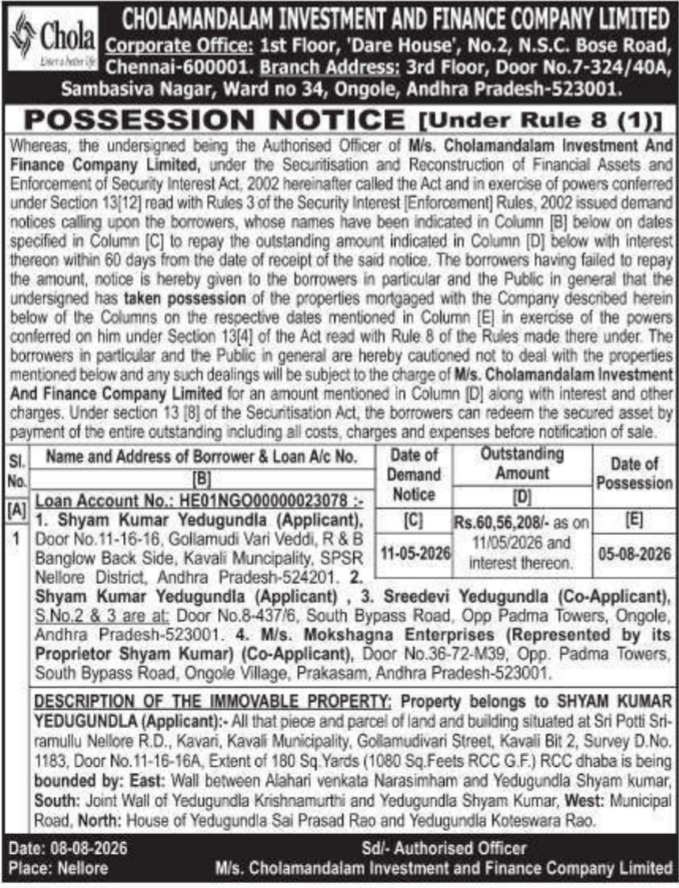 Possession Notice for Shyam Kumar Yedugundla by Cholamandalam Investment and Finance