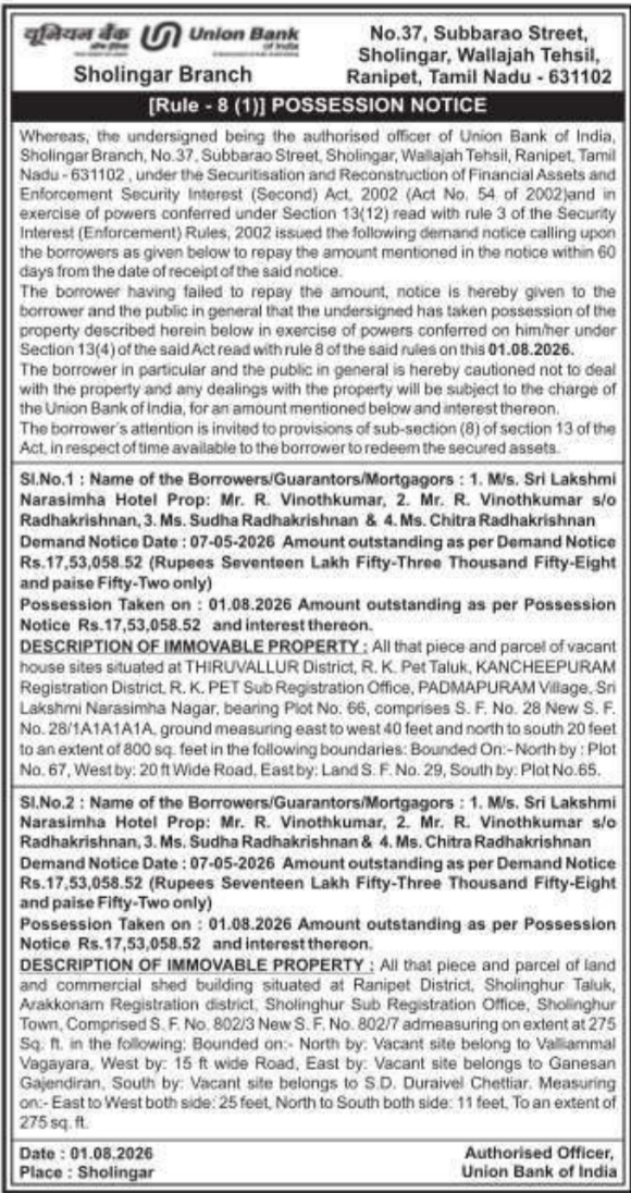 Possession Notice for Vacant Sites and Shed in Sholingar