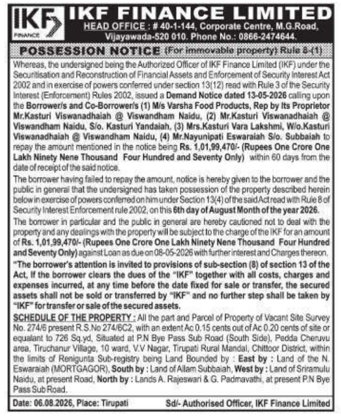 Possession Notice for Varsha Food Products by IKF Finance Limited