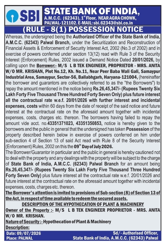 Possession Notice: Hypothecation of Assets in Ballabhgarh