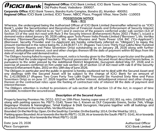 Possession Notice: ICICI Bank Gurugram