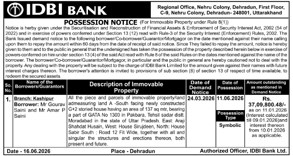 Possession Notice: IDBI Bank Immovable Property Symbolic Possession at Moradabad