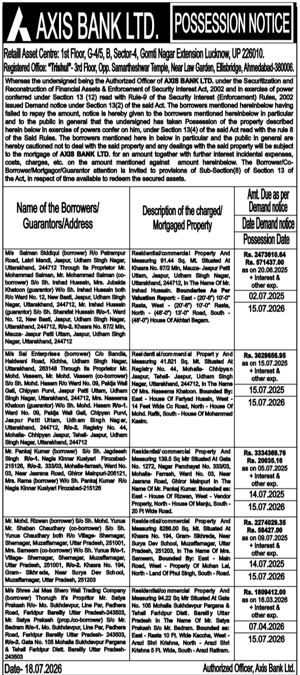 Possession Notice: Immovable Property Possession Work Axis Bank Limited, Lucknow
