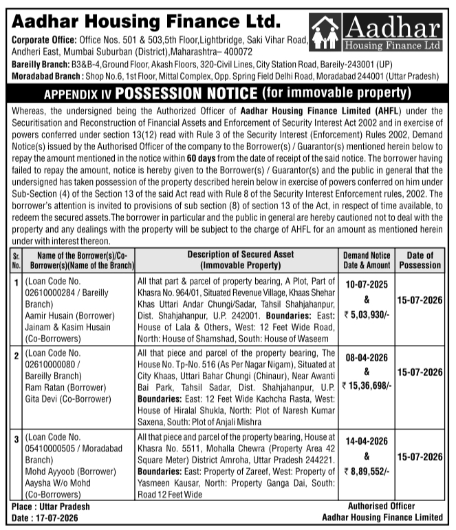 Possession Notice: Immovable Property Seizure