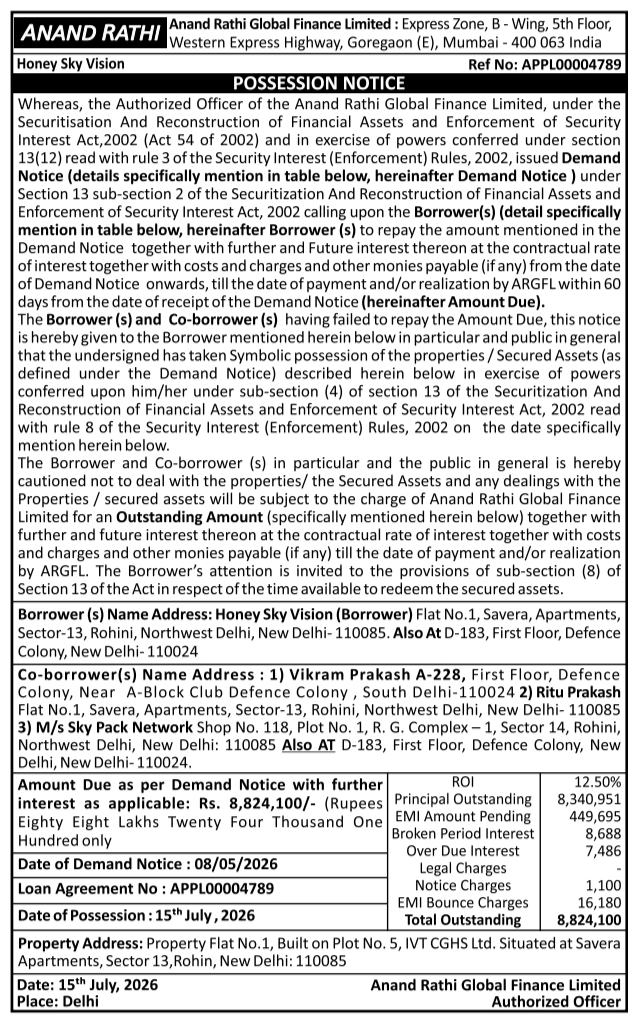 Possession Notice: Immovable Property Seizure