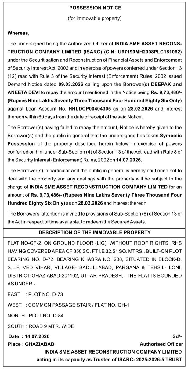 Possession Notice: Immovable Property Seizure
