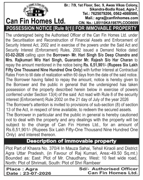Possession Notice: Immovable Property