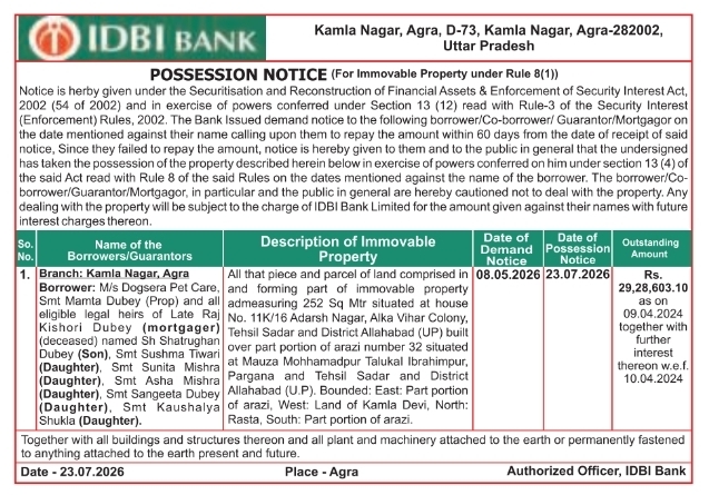 Possession Notice: Immovable Property