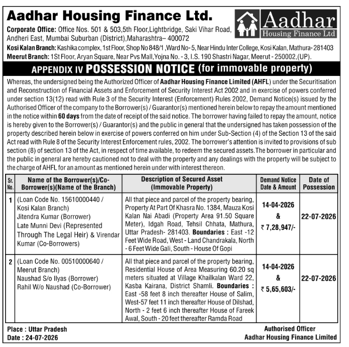Possession Notice: Immovable Property