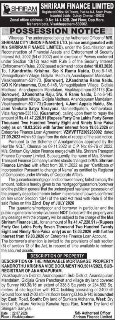 Possession Notice: Immovable Property
