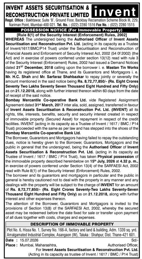 Possession Notice: Industrial Property, Asangaon (W)