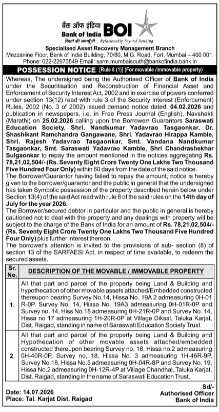 Possession Notice: Institutional Property Seizure Work Bank of India, Raigad