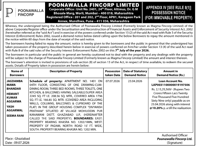 Possession Notice: Jagdamba Mawa Bhandar, Poonawalla Fincorp