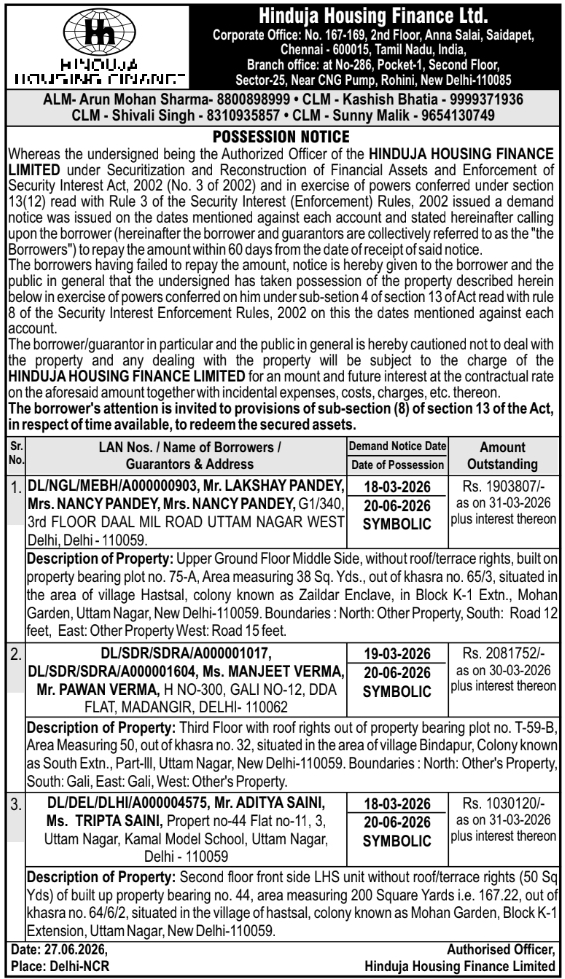 Possession Notice: Multiple Properties, Hinduja Housing Finance Ltd.