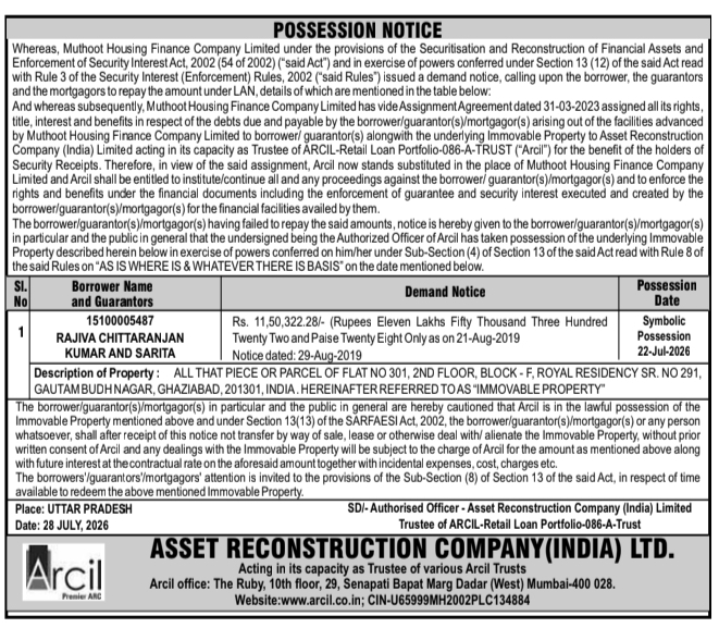 Possession Notice of Immovable Property by Arcil