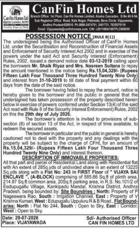 Possession Notice of Immovable Property by CanFin Homes Ltd